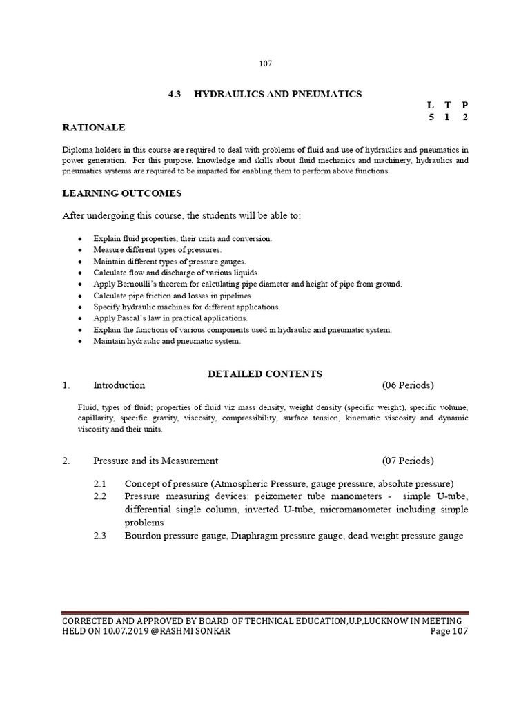 Hydraulics and Pneumatics Course Outline | PDF | Pressure Measurement ...