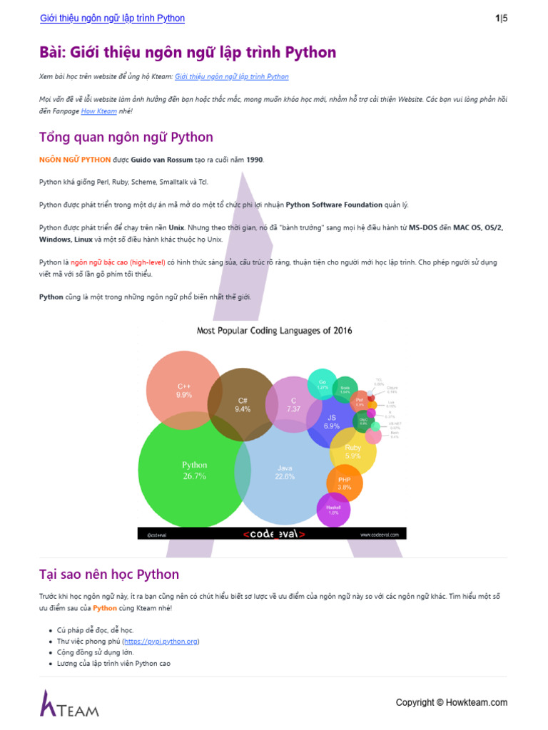 HOWKTEAM - VN - Giới Thiệu Ngôn Ngữ Lập Trình Python | PDF