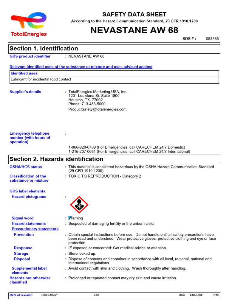 NEVASTANE AW 68 Safety Data Sheet | PDF | Waste | Occupational Safety ...