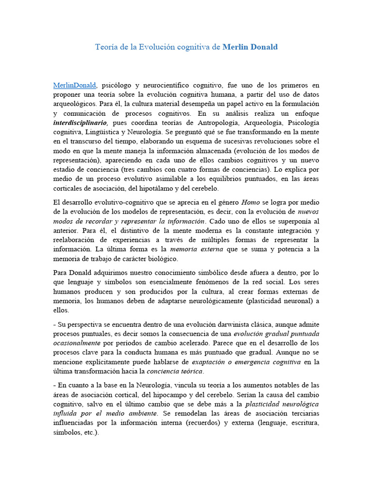 9.-EvoluciÃ N Cognitiva - Merlin Donald | PDF | Memoria | Evolución