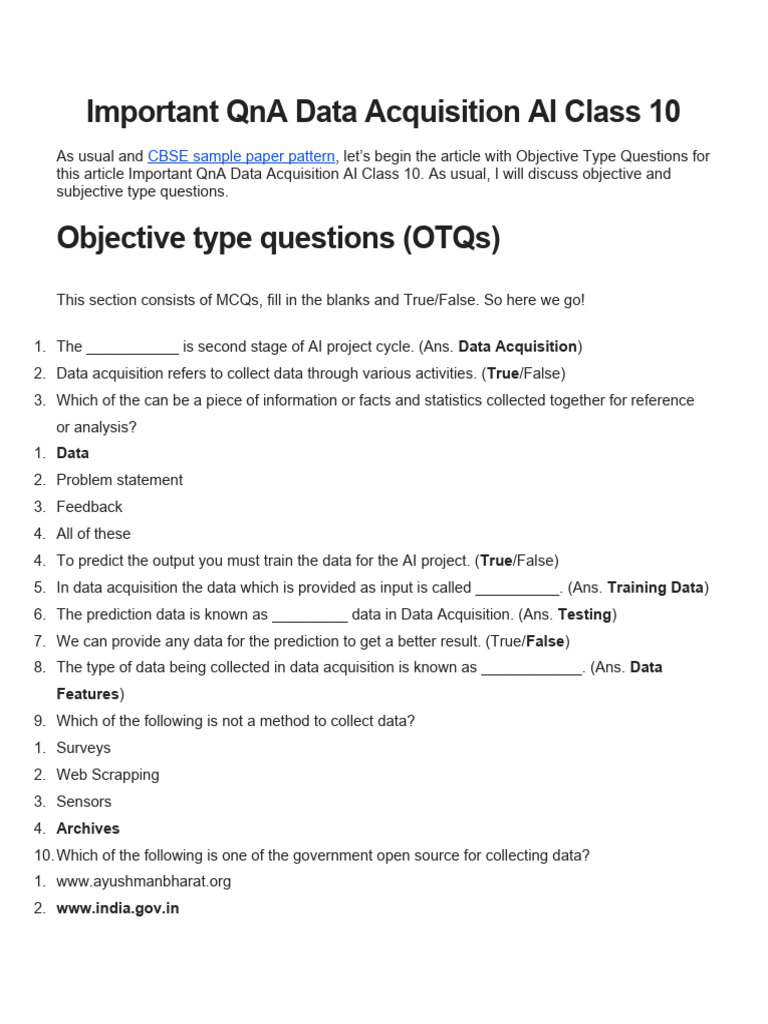 Important qna data acquisition ai class 10 pdf artificial