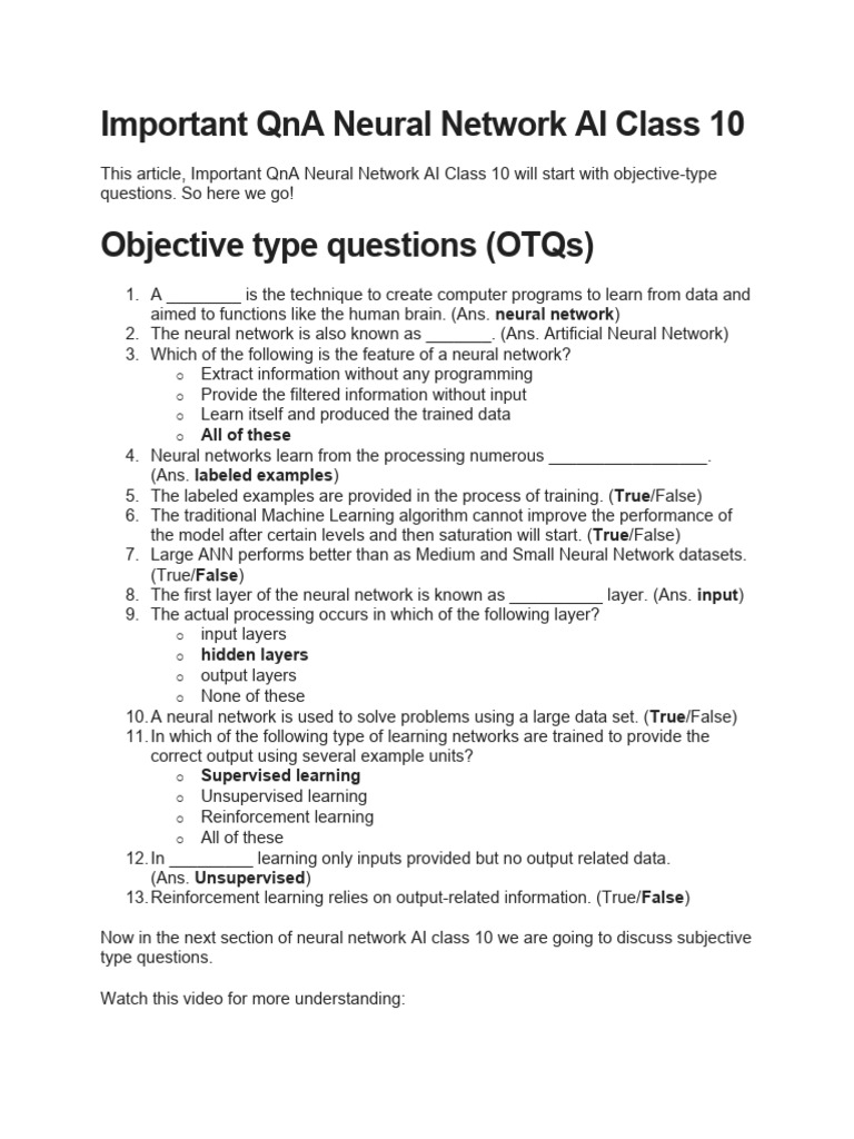 Important QnA Neural Network AI Class 10 | PDF | Artificial Neural ...