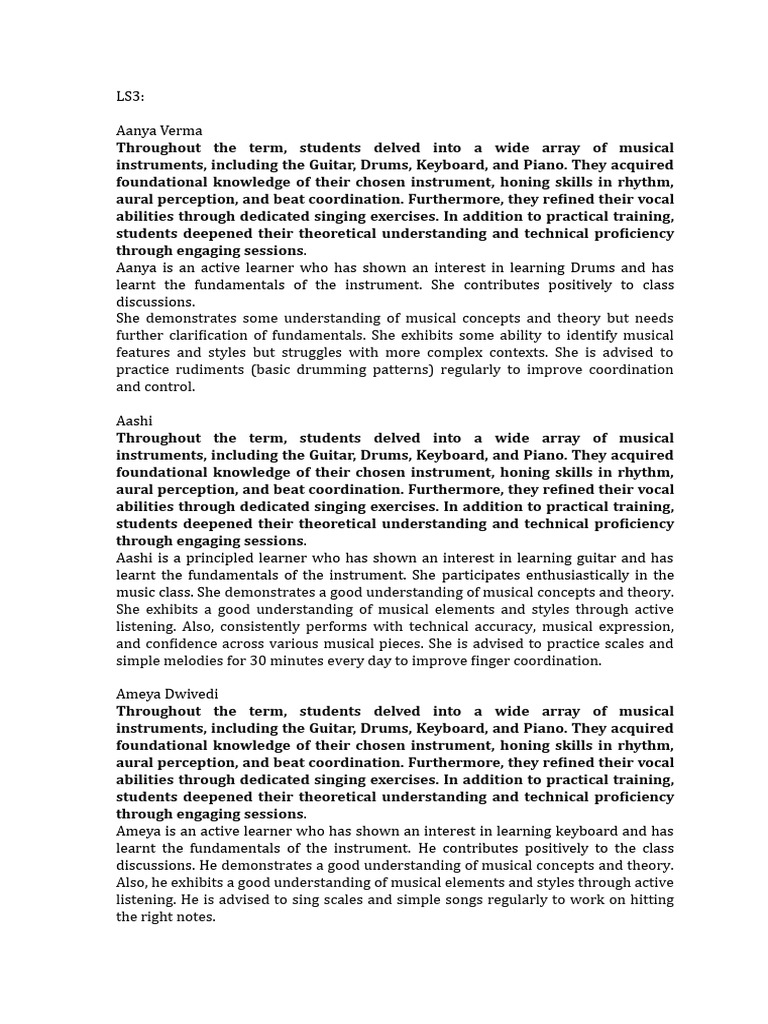 Student Music Progress Report | PDF | Singing | Rhythm