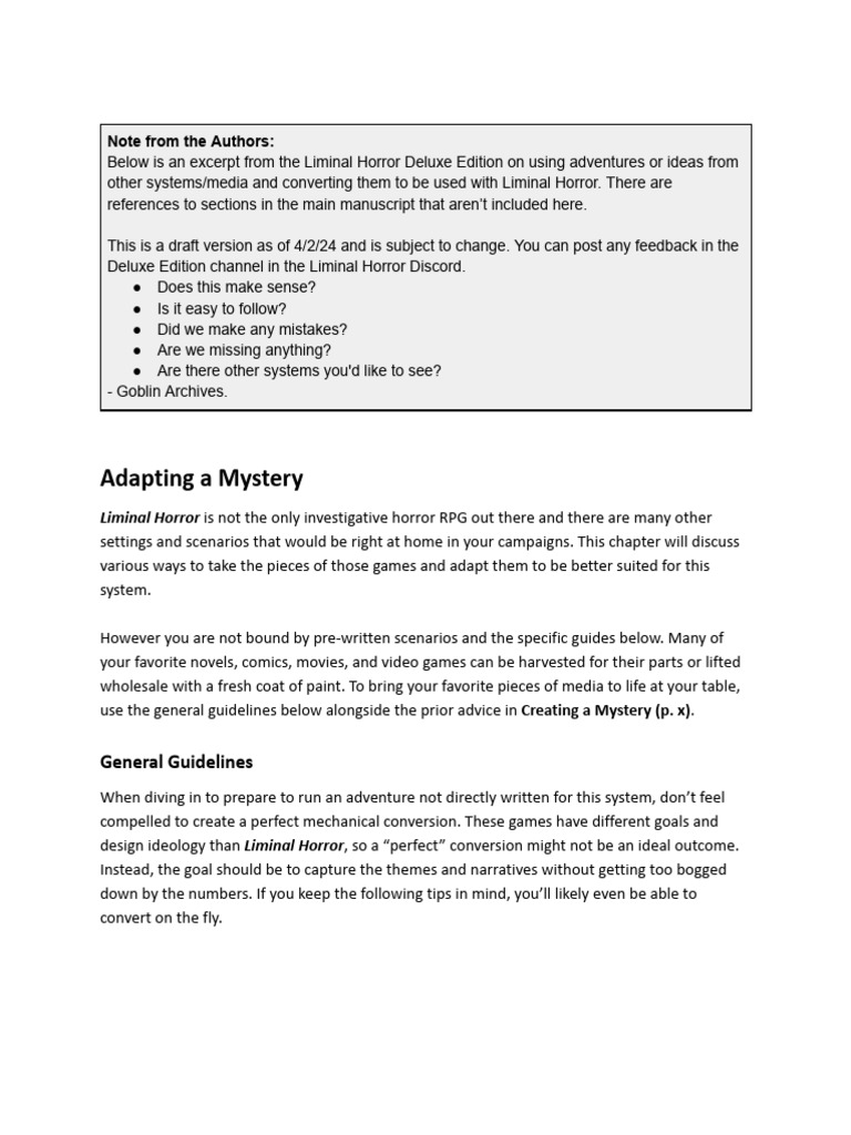 Adapting a mystery conversion guide for liminal horror deluxe edition