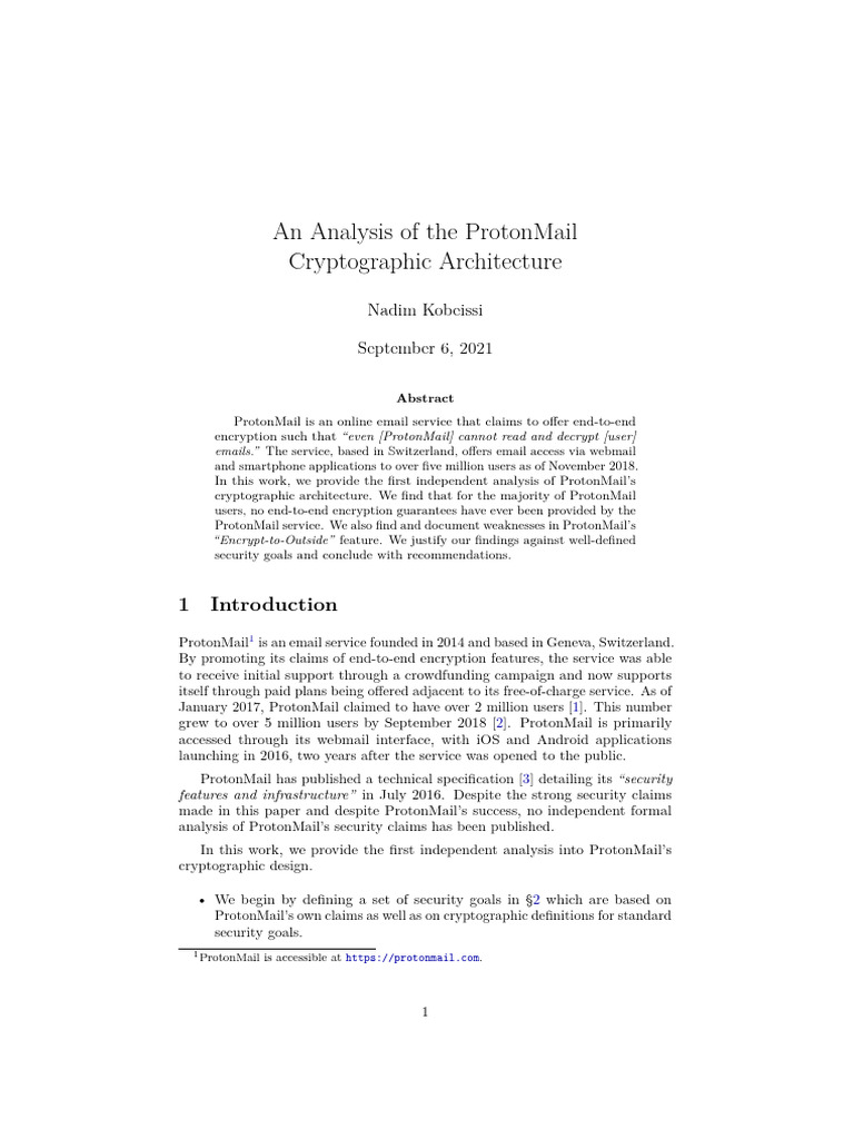 An analysis of the protonmail cryptographic architecture nadim