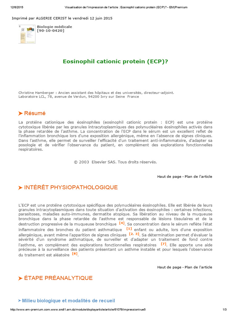 Eosinophil Cationic Protein (ECP) | PDF | Asthme | Causes de décès