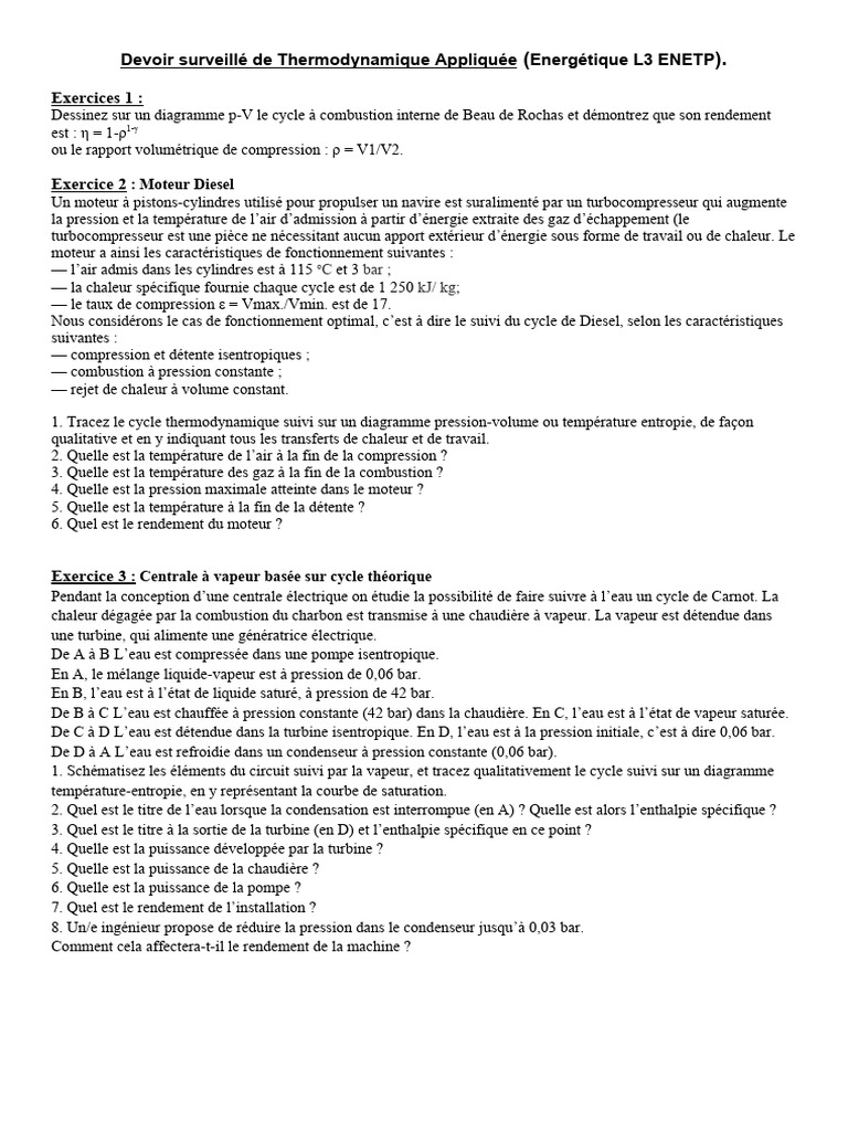 Exercices de Thermodynamique Appliquée | PDF | Turbine | Chaleur