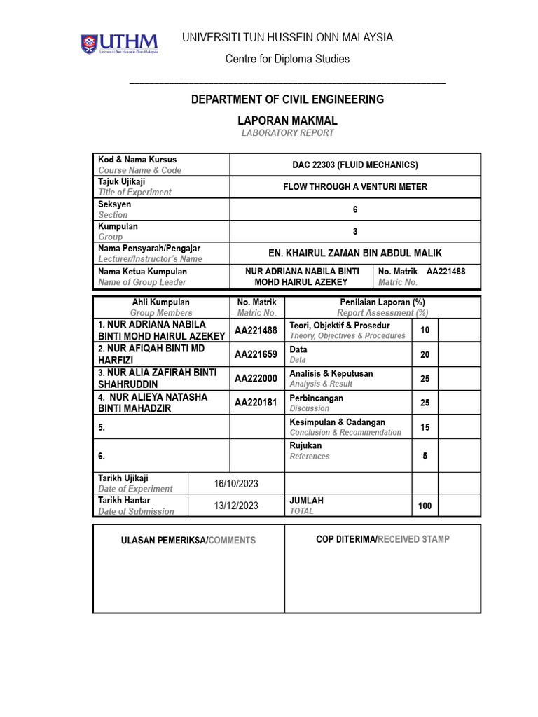 Flow Through Venturi Meter Lab Report G3 PDF Pressure Measurement