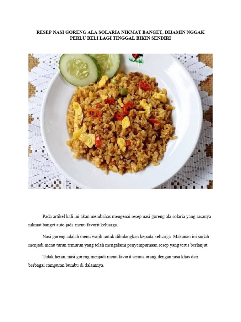 RESEP NASI GORENG ALA SOLARIA NIKMAT BANGET | PDF