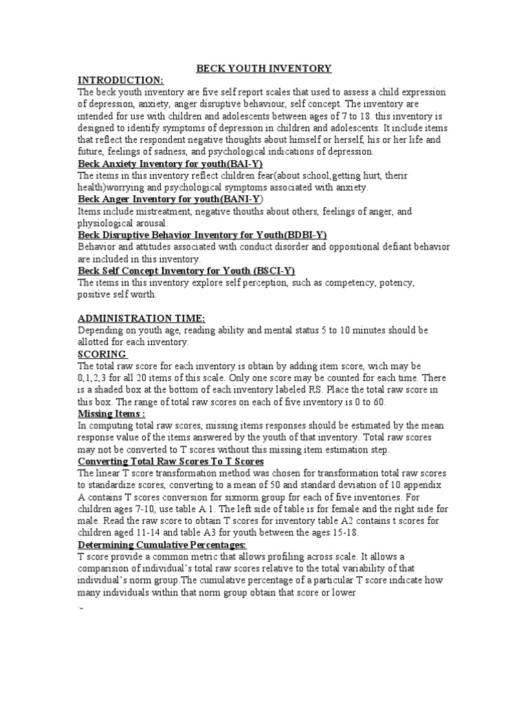 Beck Youth Inventory Free