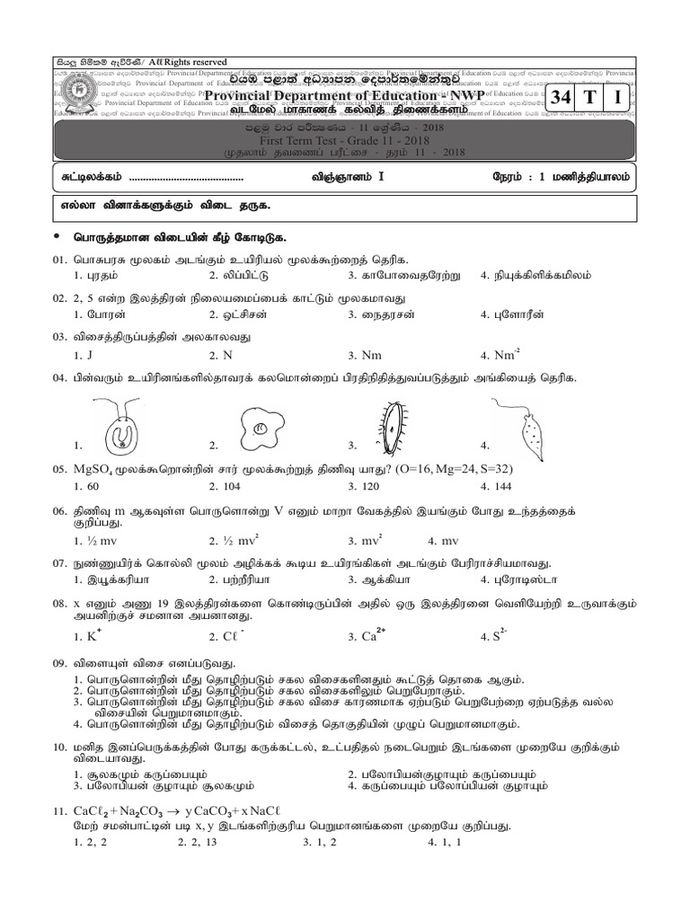 Grade 8 Science Unit Exam Papers Tamil Medium Term 2