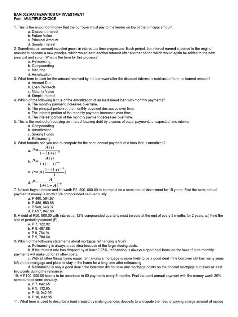 Mathematics of Investment and Amortization | PDF | Refinancing | Interest