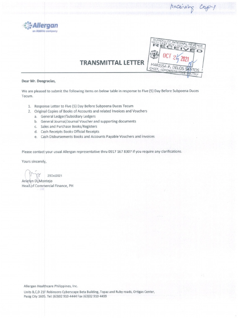 Transmittal Letter (Oct 2021)(BIR-received) | PDF
