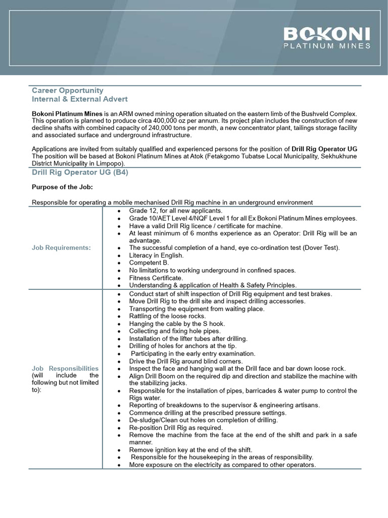 Advertisement Drill Rig Operator B4 | PDF | Mining | Drilling Rig