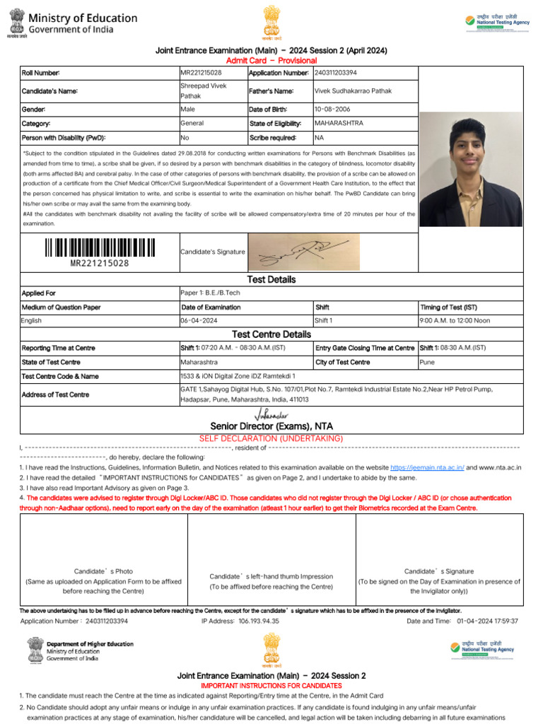 JEE Main 2024 Admit Card Instructions | PDF | Identity Document