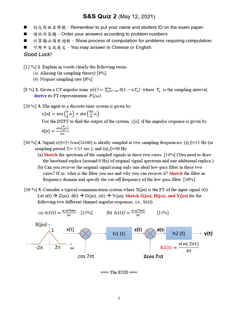 Quiz2_S21_sol PDF Sampling (Signal Processing) Low Pass Filter