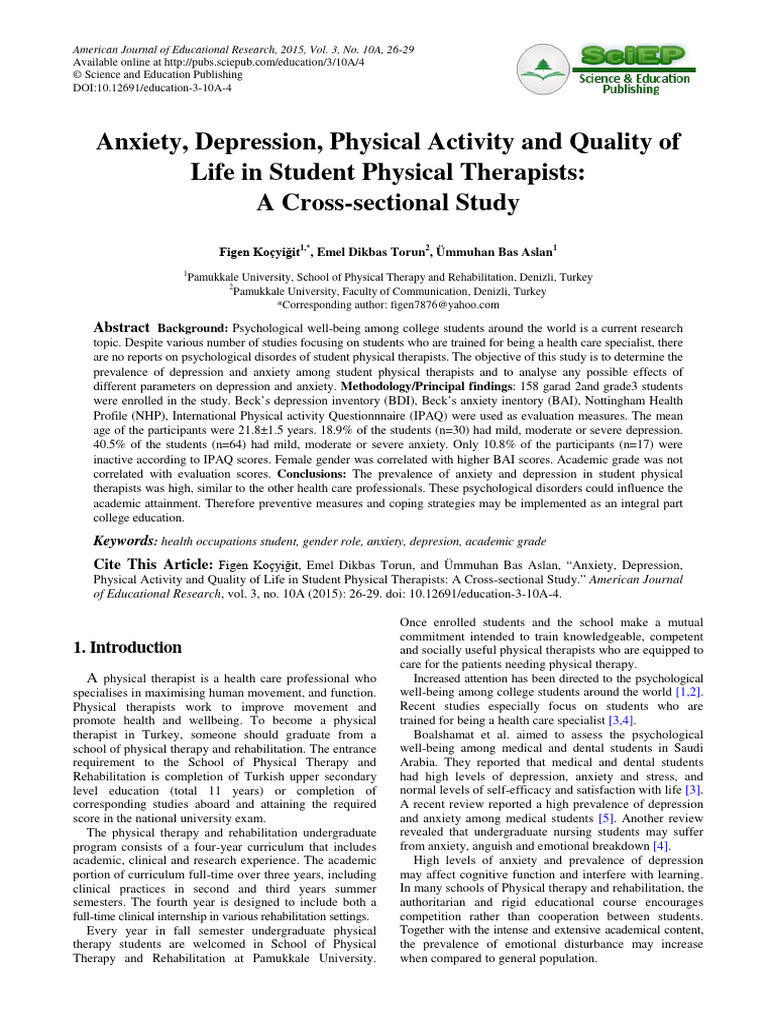 Anxiety, Depression, Physical Activity and Quality of Life in Student ...