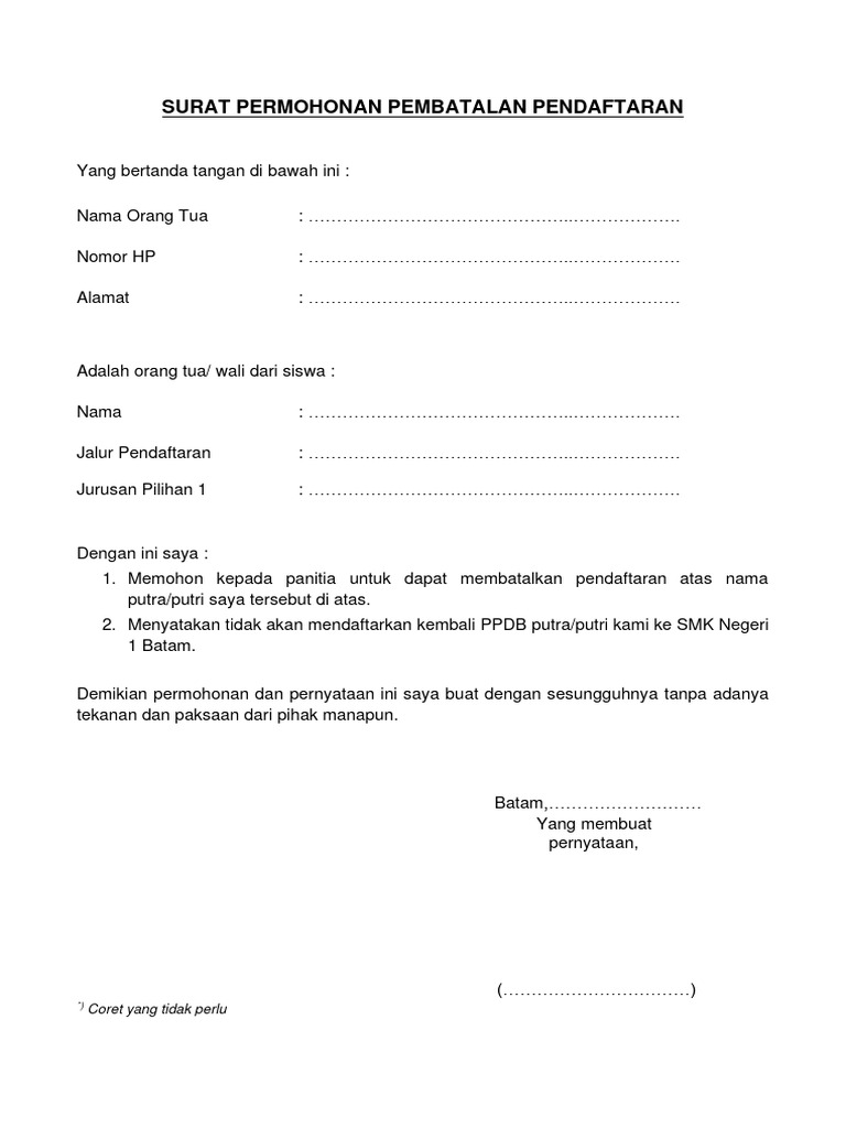 Surat Permohonan Pembatalan Pendaftaran | PDF