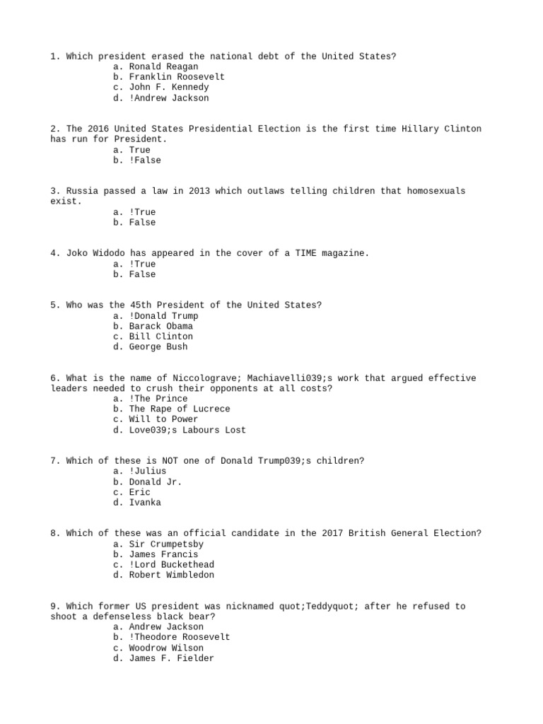 US Presidents and Trivia Quiz | PDF | Presidents Of The United States ...