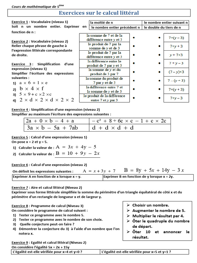 Exercices de calcul littéral 5ème | PDF | Zone | Mathématiques