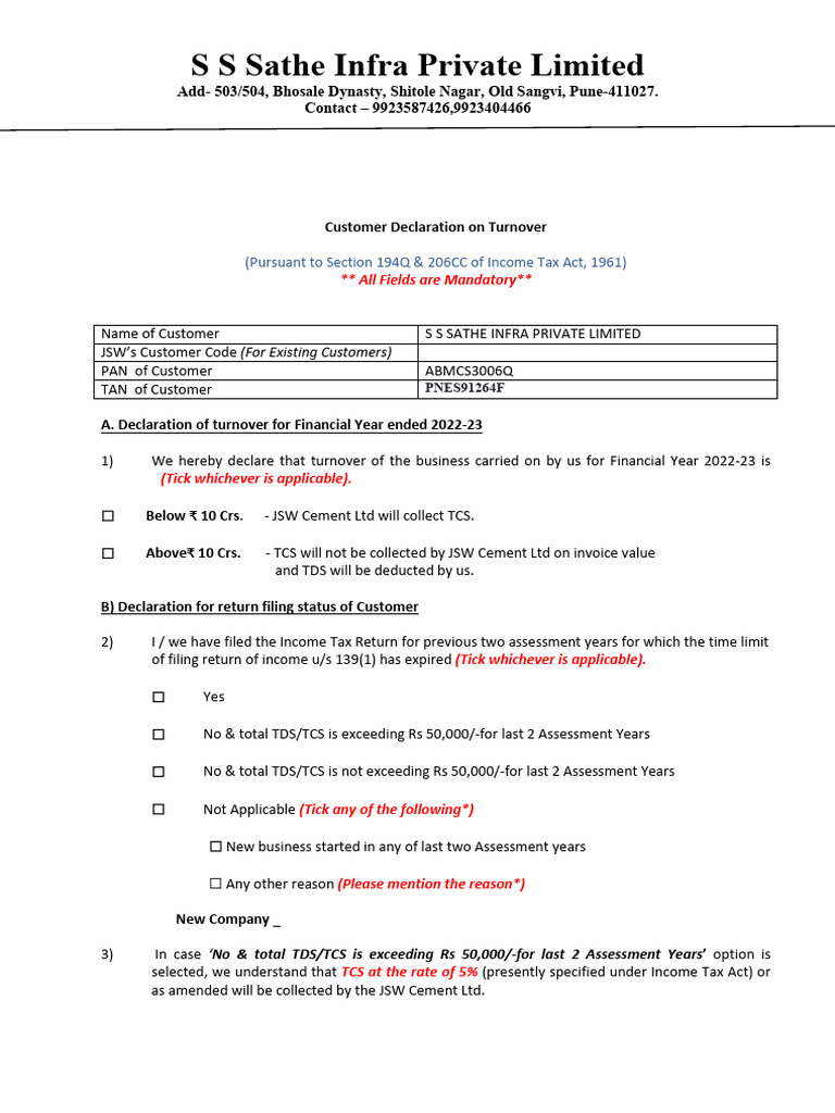 Customer Turnover Declaration Form | PDF | Taxes | Government Finances