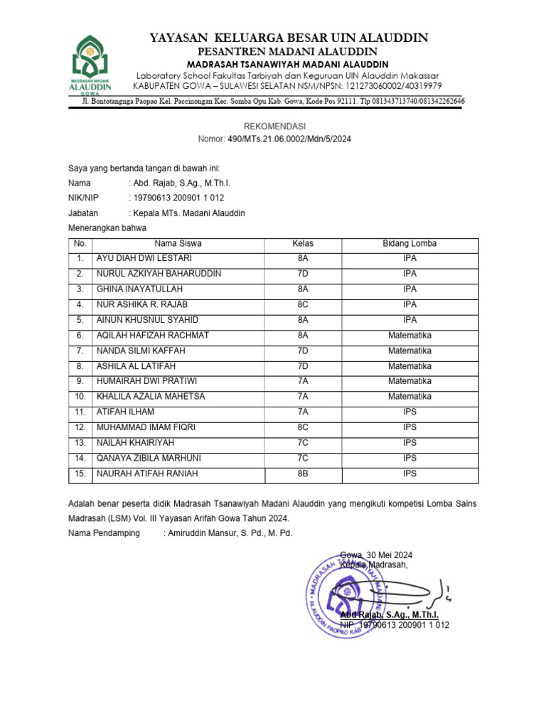 Peserta Lomba Sains MTs Madani Alauddin | PDF