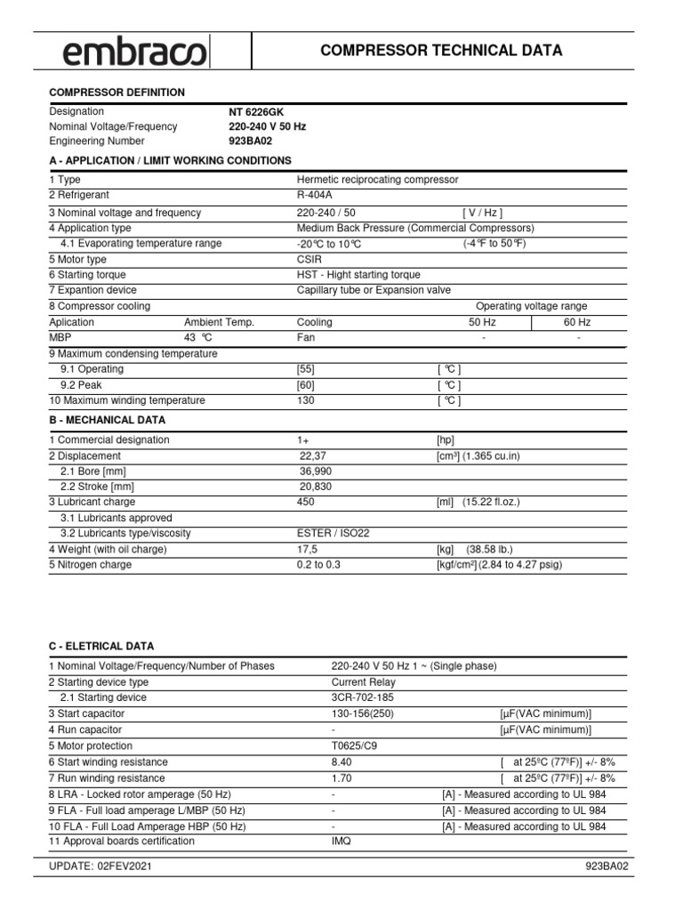 NT 6226GK Compressor Specifications | PDF | Electrical Engineering ...