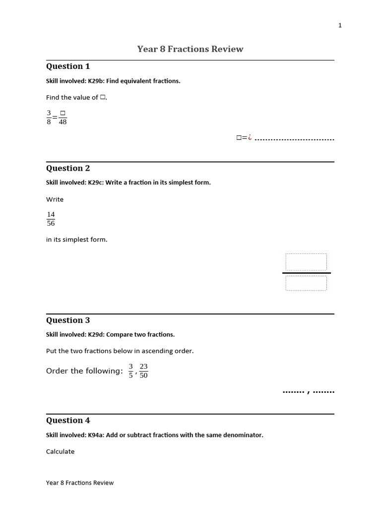 Year 8 Fractions Review | PDF | Mathematical Notation | Division ...