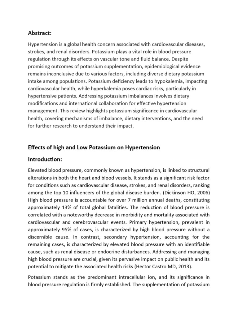 Potassium's Role in Hypertension Management | PDF | Hypertension ...