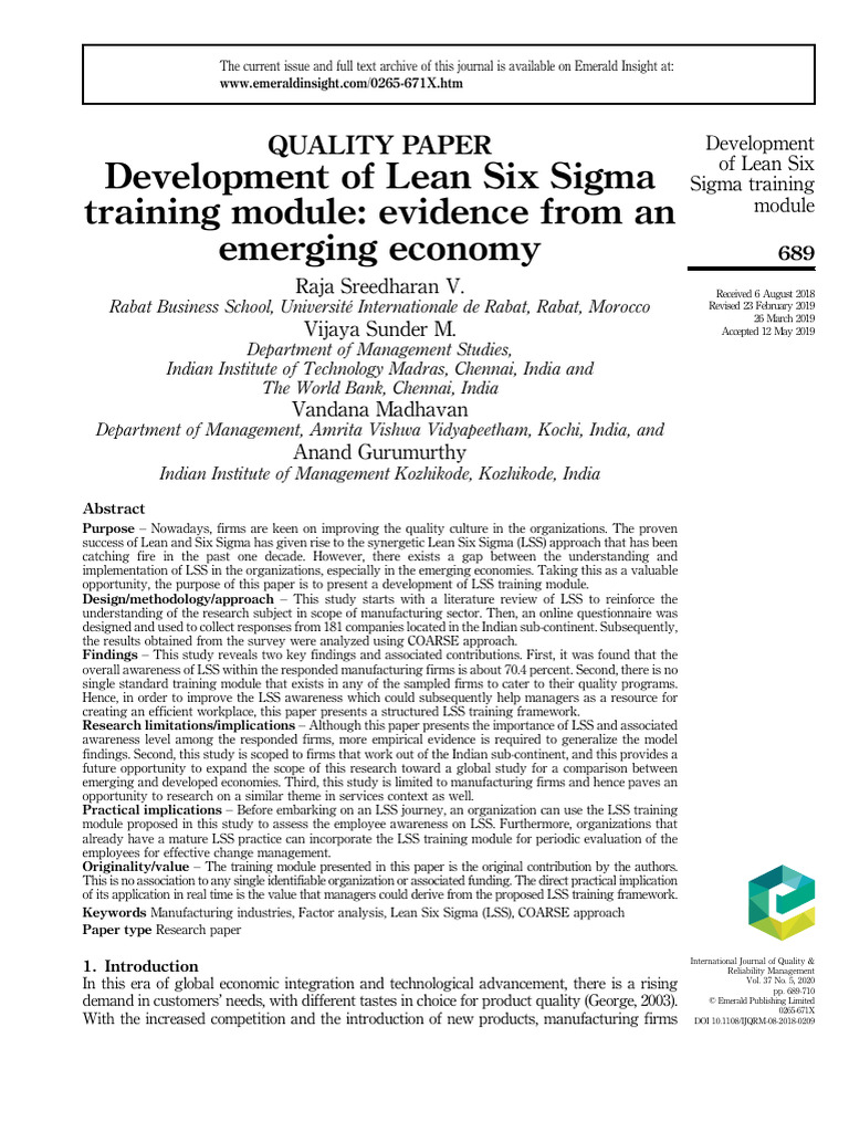 Development Of Lean Six Sigma Pdf Instructional Design Standard