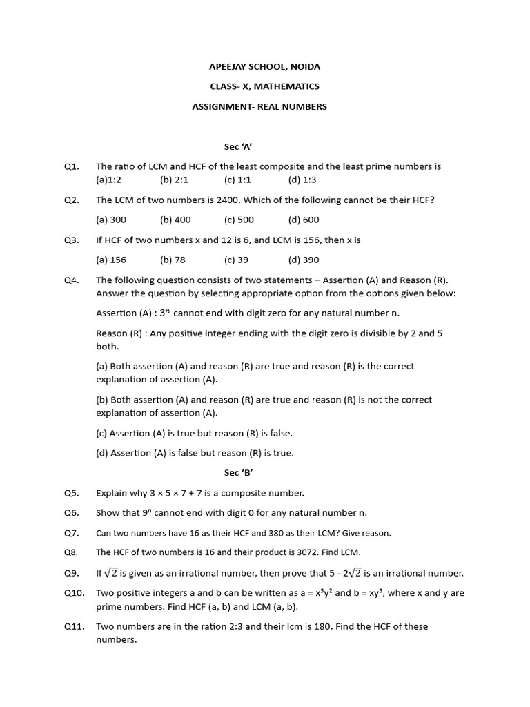 Class 10 Real Numbers Assignment | PDF | Numbers | Discrete Mathematics