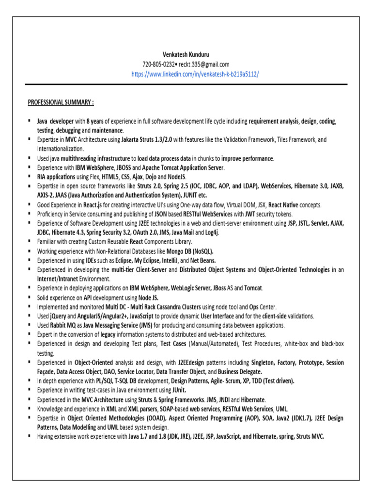 Experienced Java Full Stack Developer | PDF | Spring Framework | Web ...