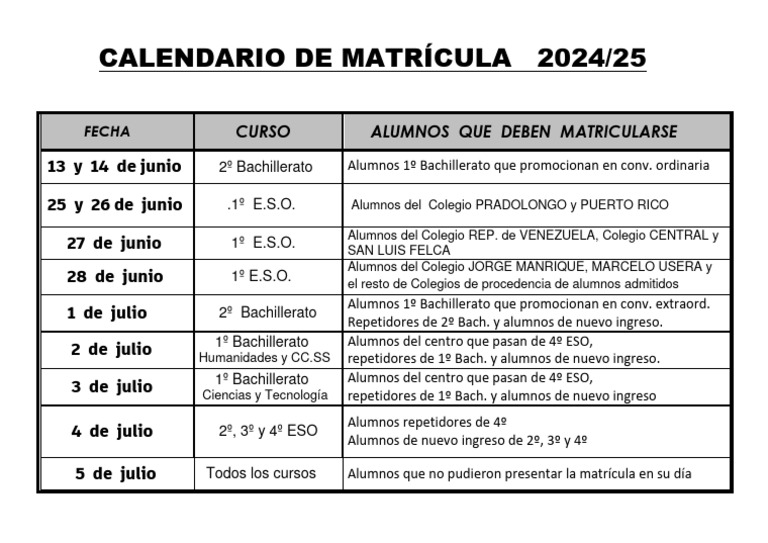Calendario de Matricula 2024 | PDF