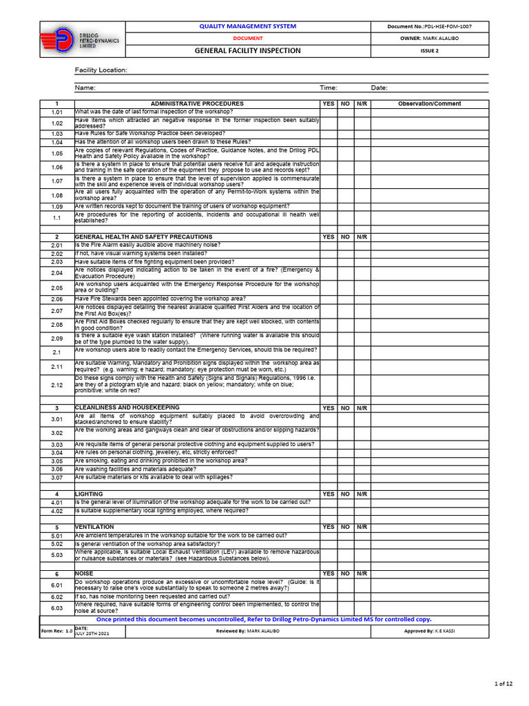 General Facility Inspection Checklist | PDF | Personal Protective ...