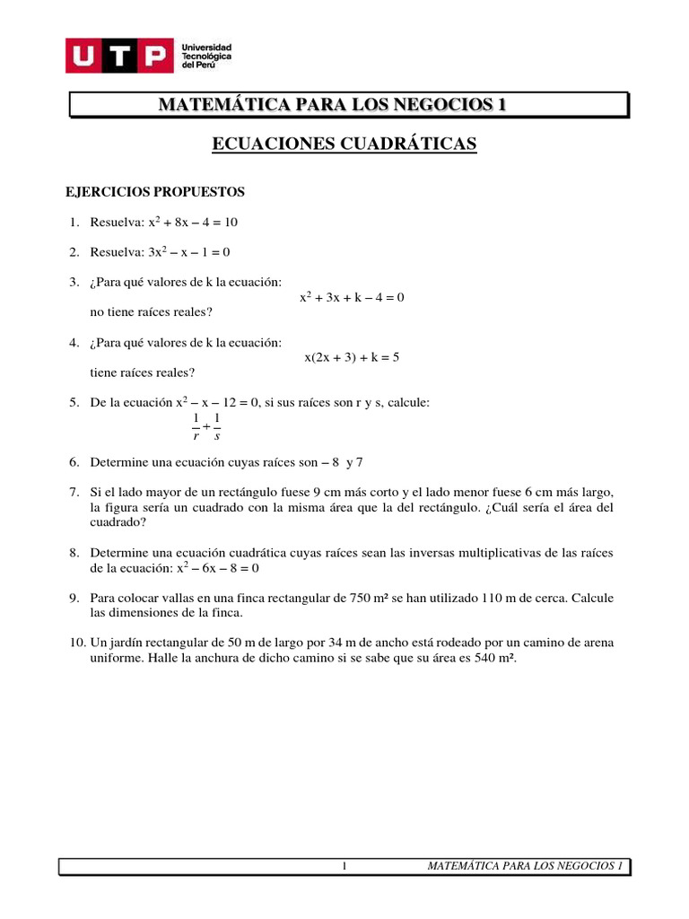 Ejercicios de Ecuaciones Cuadráticas | PDF
