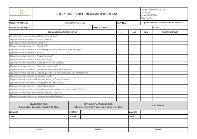 CDS-SST-ES-19-FM-02 Check List Panel Informativo Ver. 01 | PDF