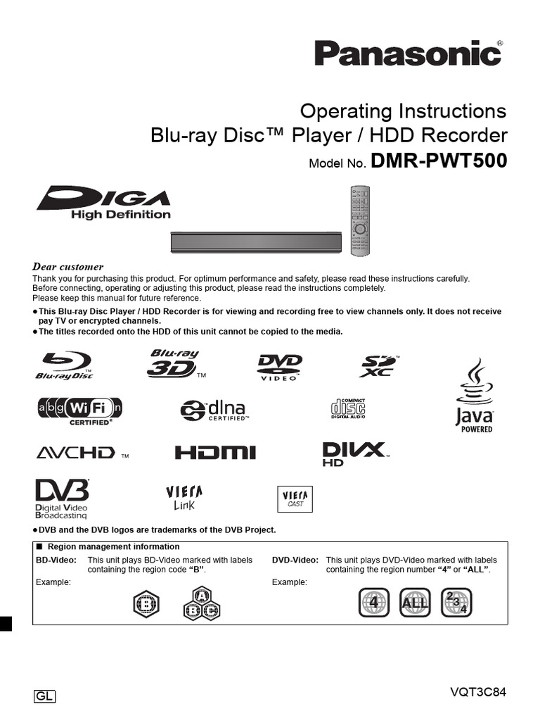 Panasonic DMR-PWT500 User Manual | PDF | Compact Disc | Dvd