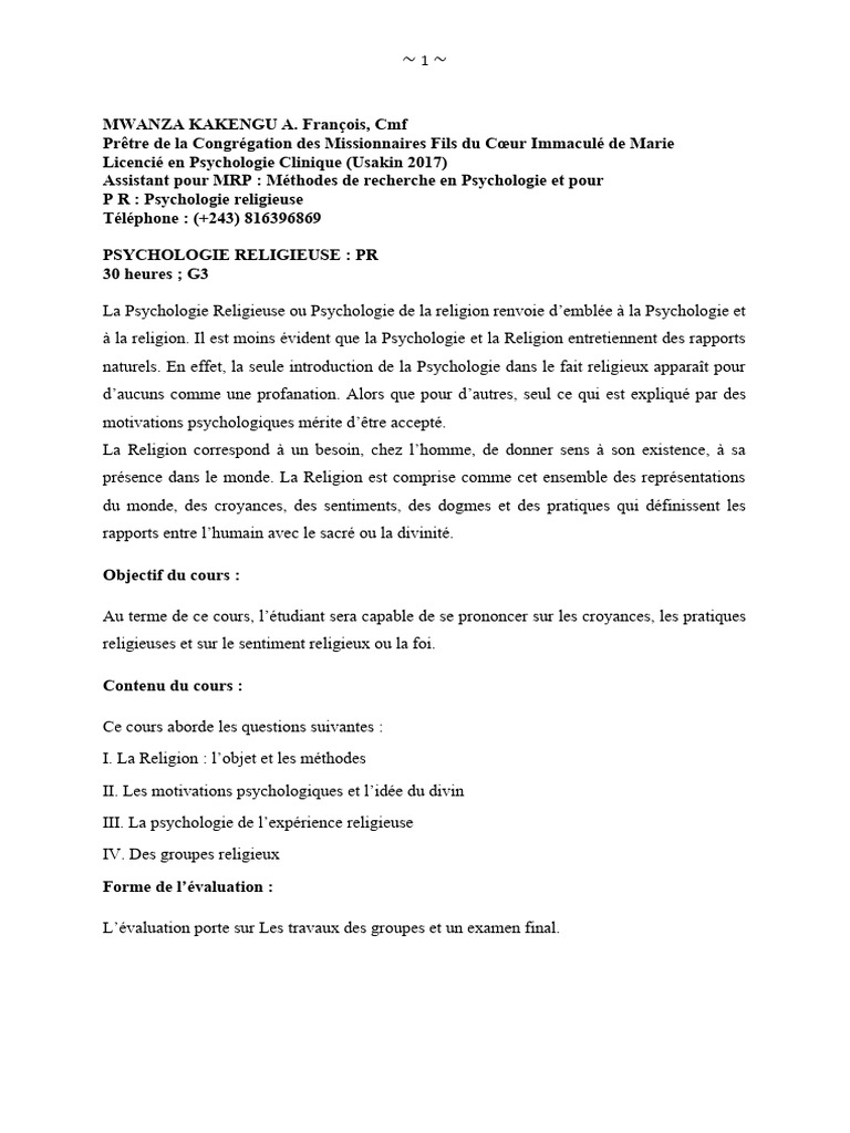 Psychologie de la Religion en Cours | PDF