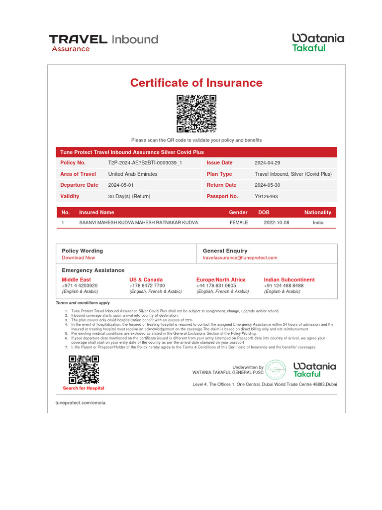 Tune Protect Travel Insurance Certificate | PDF | Insurance | Dubai