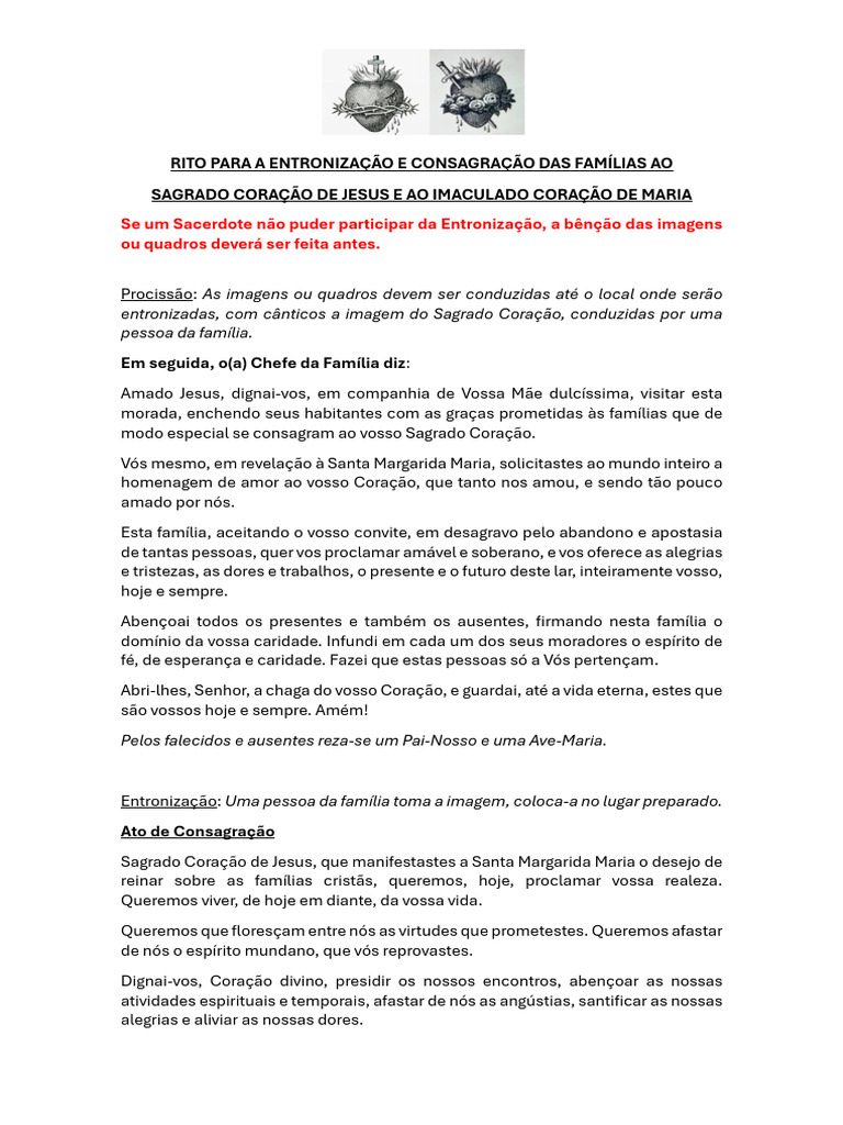 Entronização Formula Sagrado Coração e Imaculado Coração | PDF | Maria ...