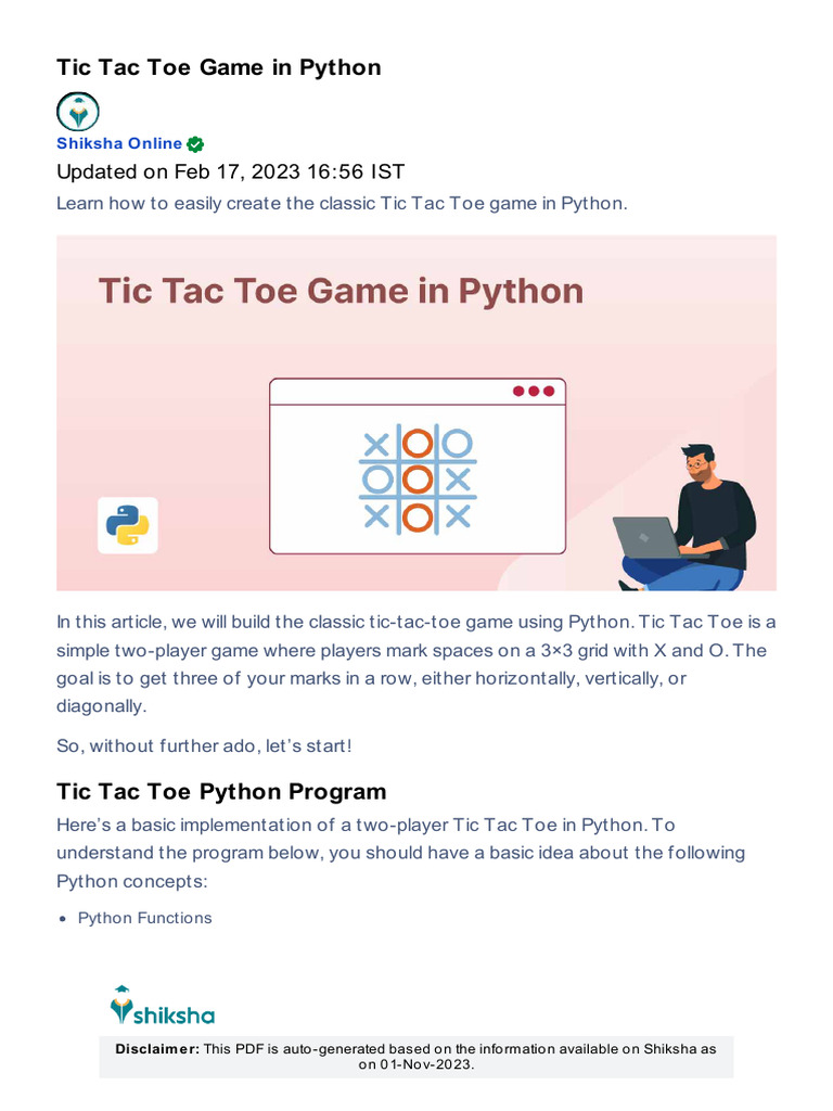 Create Tic Tac Toe in Python | PDF | Computer Programming | Software ...