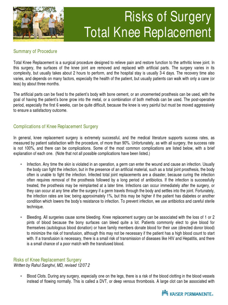 Risk of Total Knee Replacement Summary | PDF | Surgery | Thrombosis