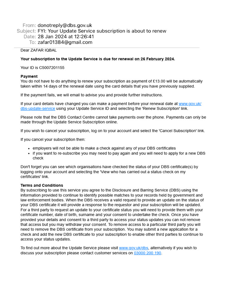 DBS Update Service Renewal Notice | PDF
