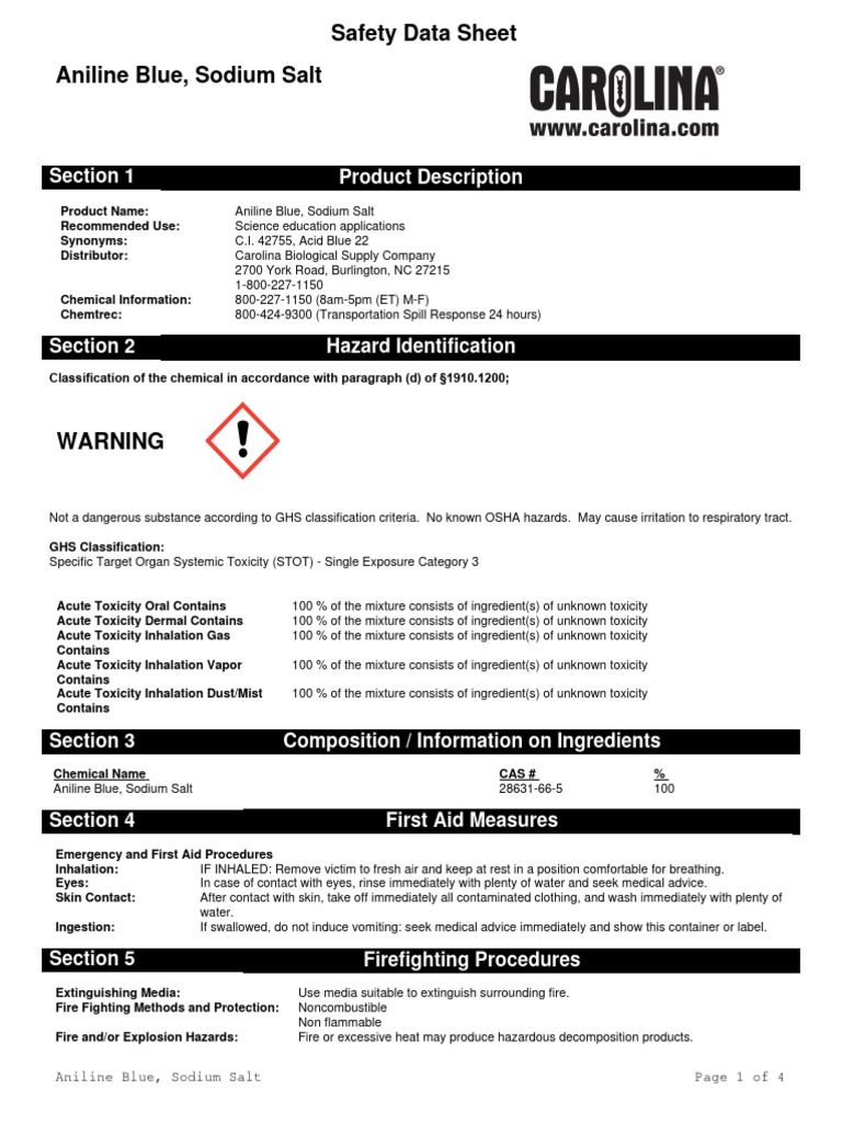 Aniline Blue Sodium Salt Download Free PDF Toxicity Firefighting