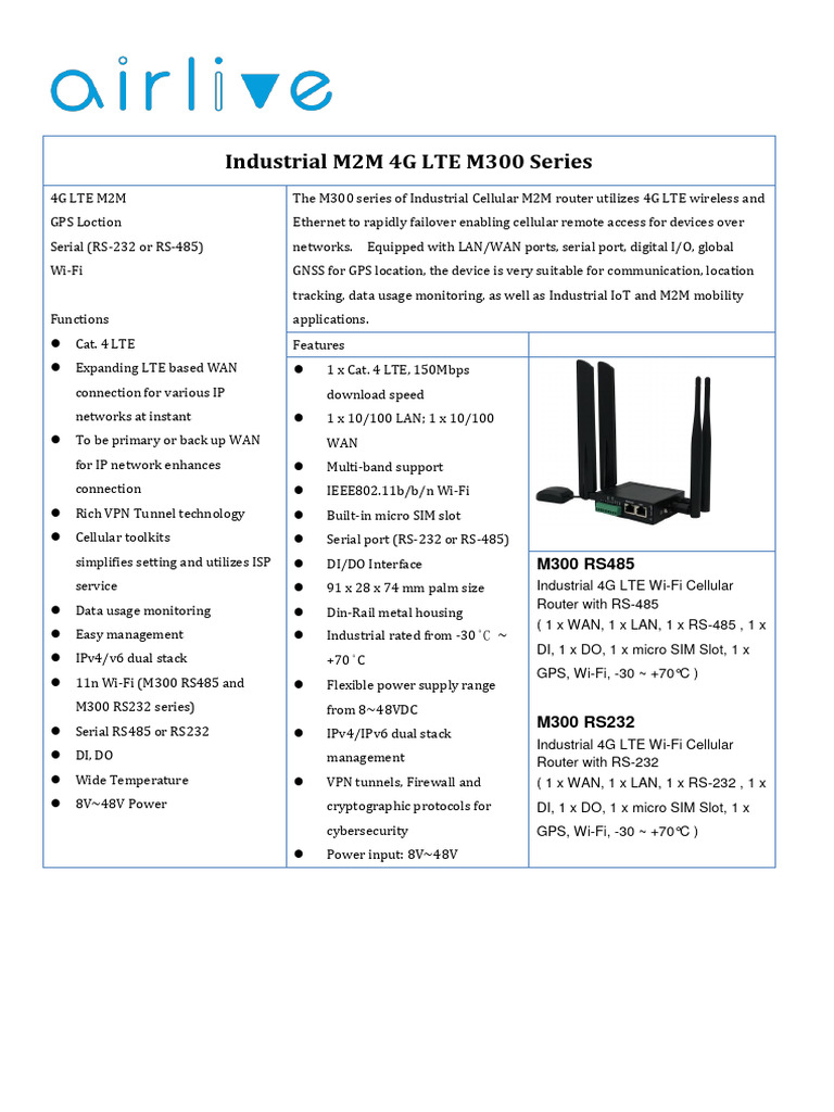 Industrial 4G LTE M2M Router M300 Series | PDF | I Pv6 | 4 G