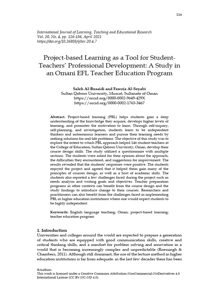 Project-Based Learning in Omani Teacher Education | PDF | Project Based ...