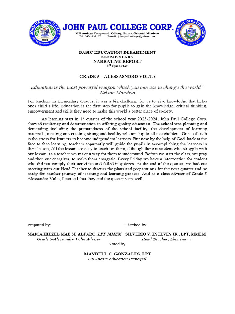 Basic Education Department Narrative 2023 2024 Grade 5 | PDF | Teachers ...
