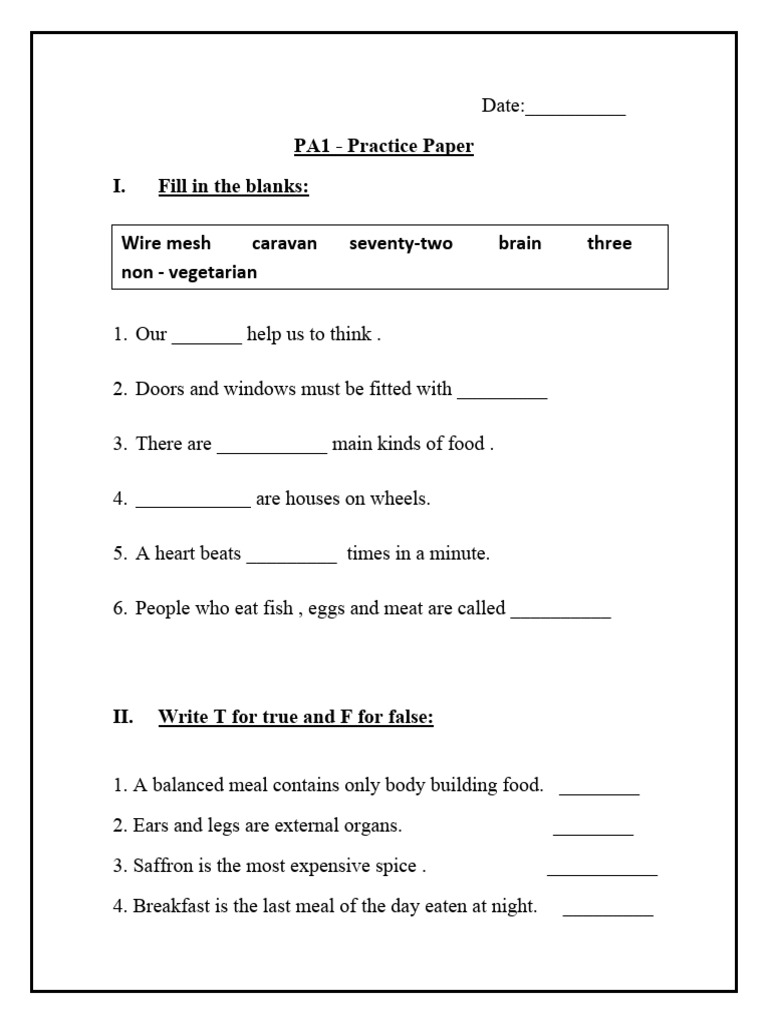 PA-1 Practice Paper Lesson 2,4 and 5 | PDF | Foods
