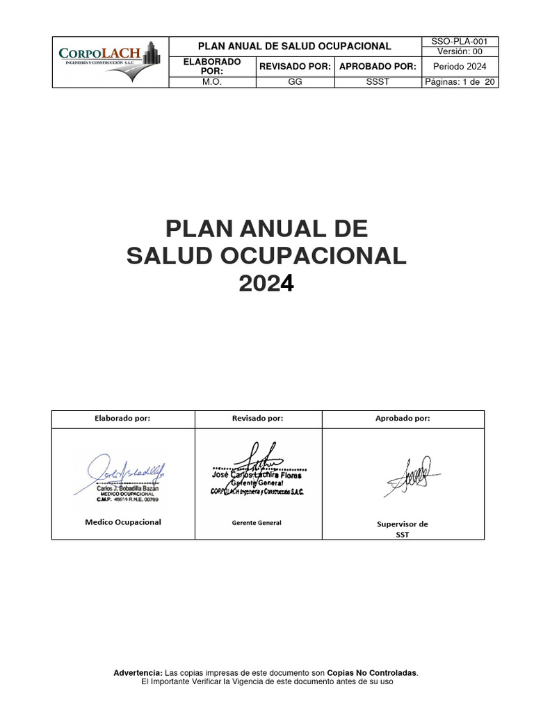 Plan Anual de Salud Ocupacional 2024 | PDF | Seguridad y salud ...