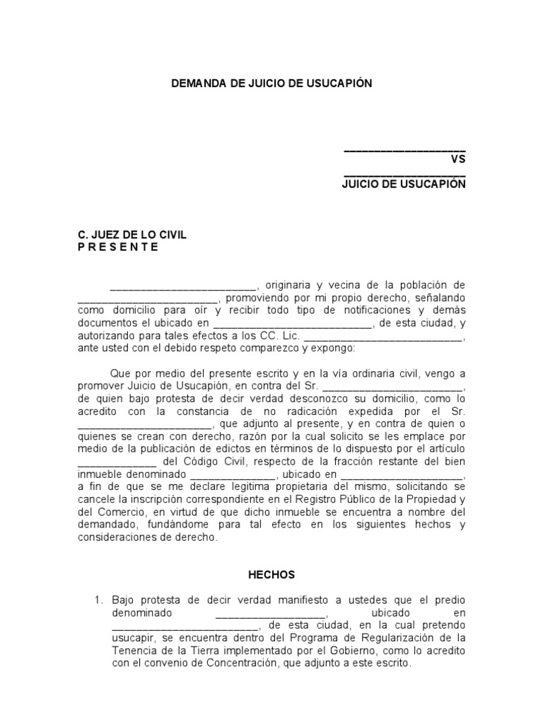 Demanda de Juicio de Usucapión | PDF | Demanda judicial | Posesión (Ley)